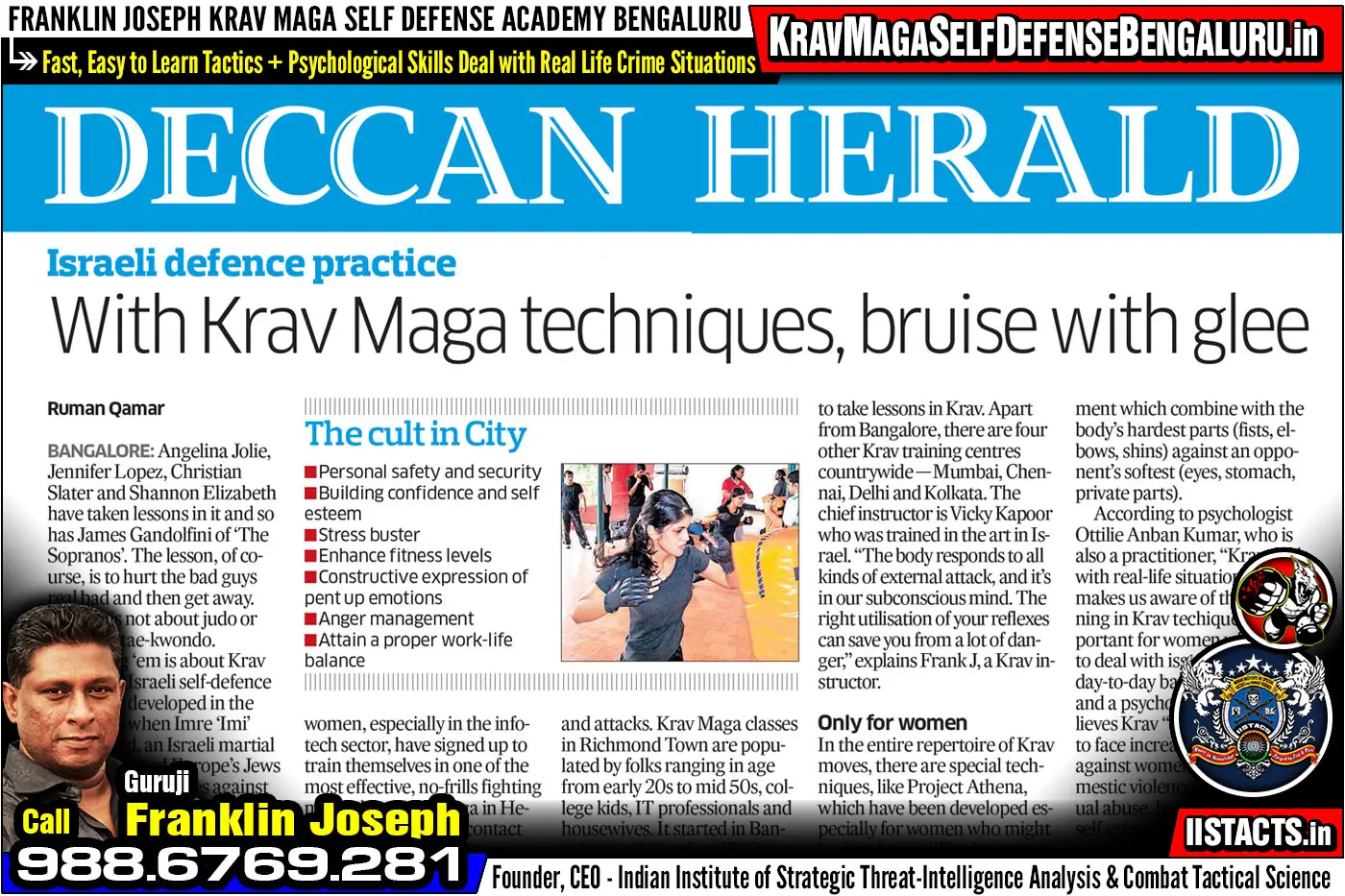 Press Article > Deccan Herald Newspaper ~ With Krav Maga techniques, bruise with glee > Franklin Joseph Krav Maga Self Defense Bengaluru Training