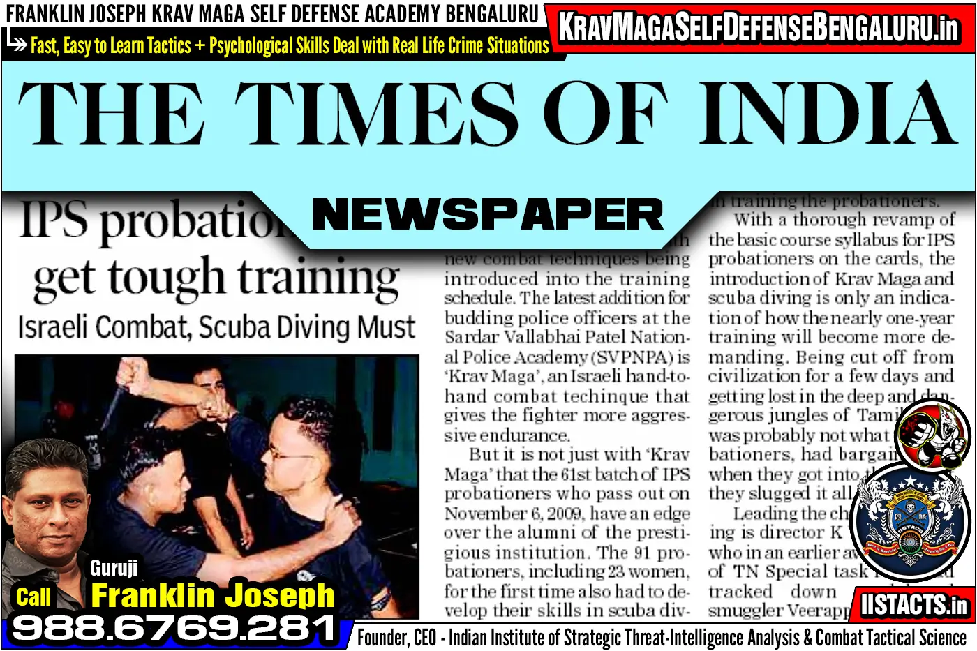 Press Article > Times of India Newspaper > IPS probationers to get rough training - Krav Maga > Franklin Joseph Krav Maga Self Defense Bengaluru