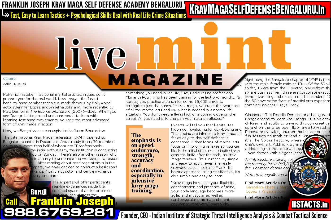 Press Article > Live Mint Magazine ~ Welcome to Reflex City > Franklin Joseph Krav Maga Self Defense Bengaluru Training