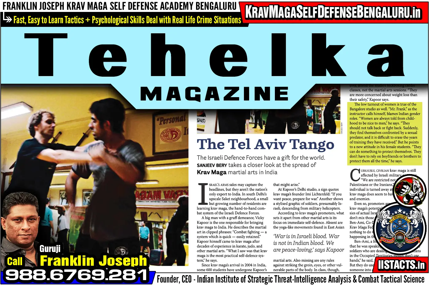 Press Article > Tehelka Magazine ~ The Tel Aviv Tango > Franklin Joseph Krav Maga Self Defense Bengaluru