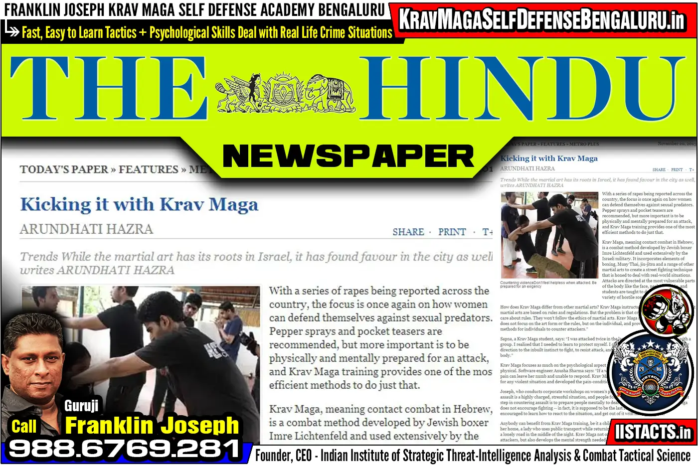 Press Article > The Hindu Newspaper ~ Kicking it with Krav Maga > Franklin Joseph Krav Maga Self Defense Bengaluru