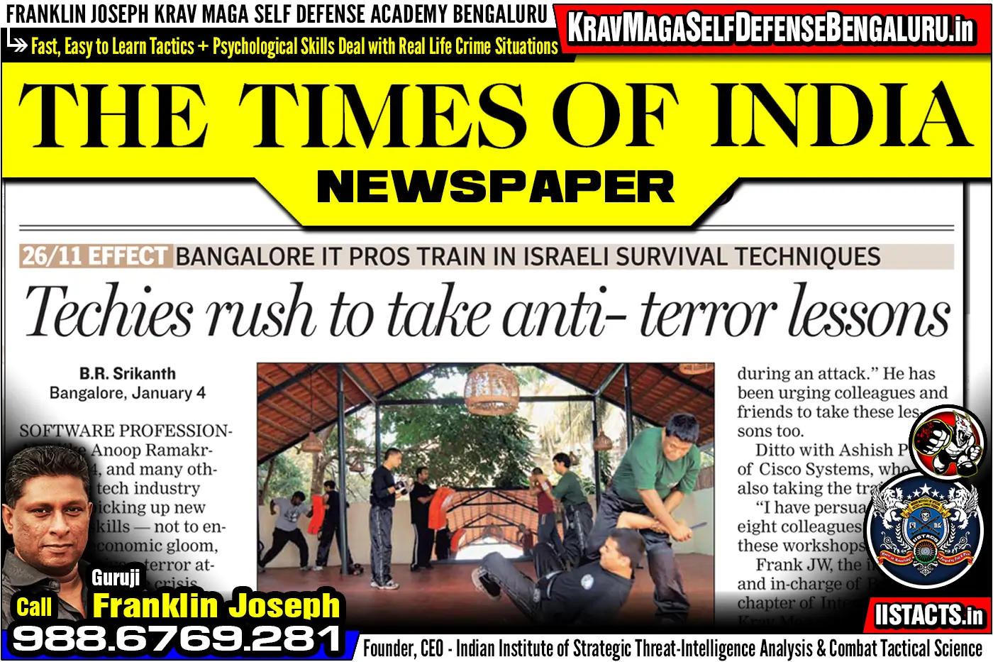 Press Article > Times of India Newspaper ~ Bangalore learns to tackle terror > Franklin Joseph Krav Maga Self Defense Bengaluru Training