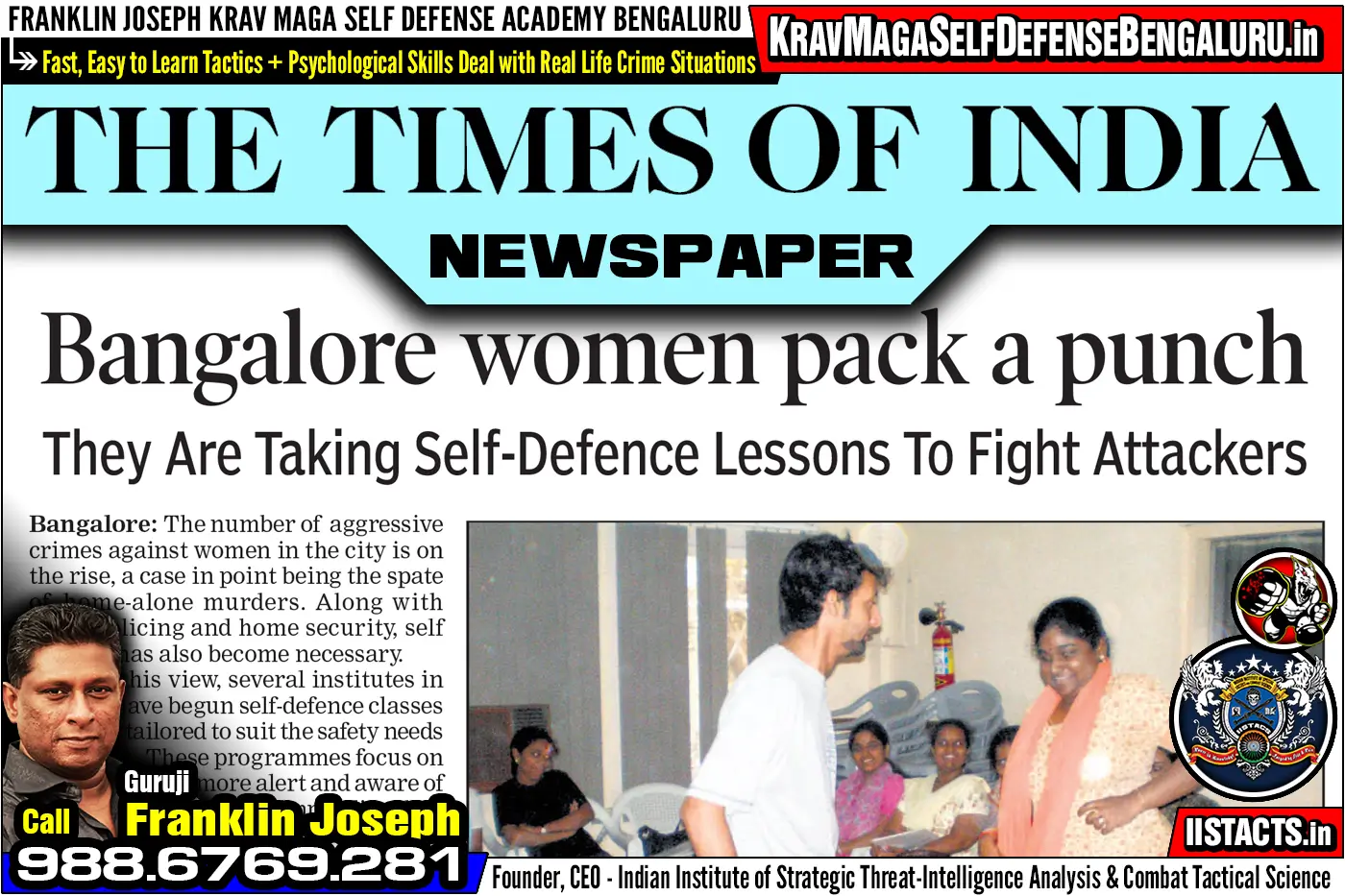 Press Article > Times of India Newspaper ~ Bangalore women pack a punch > Franklin Joseph Krav Maga Self Defense Bengaluru